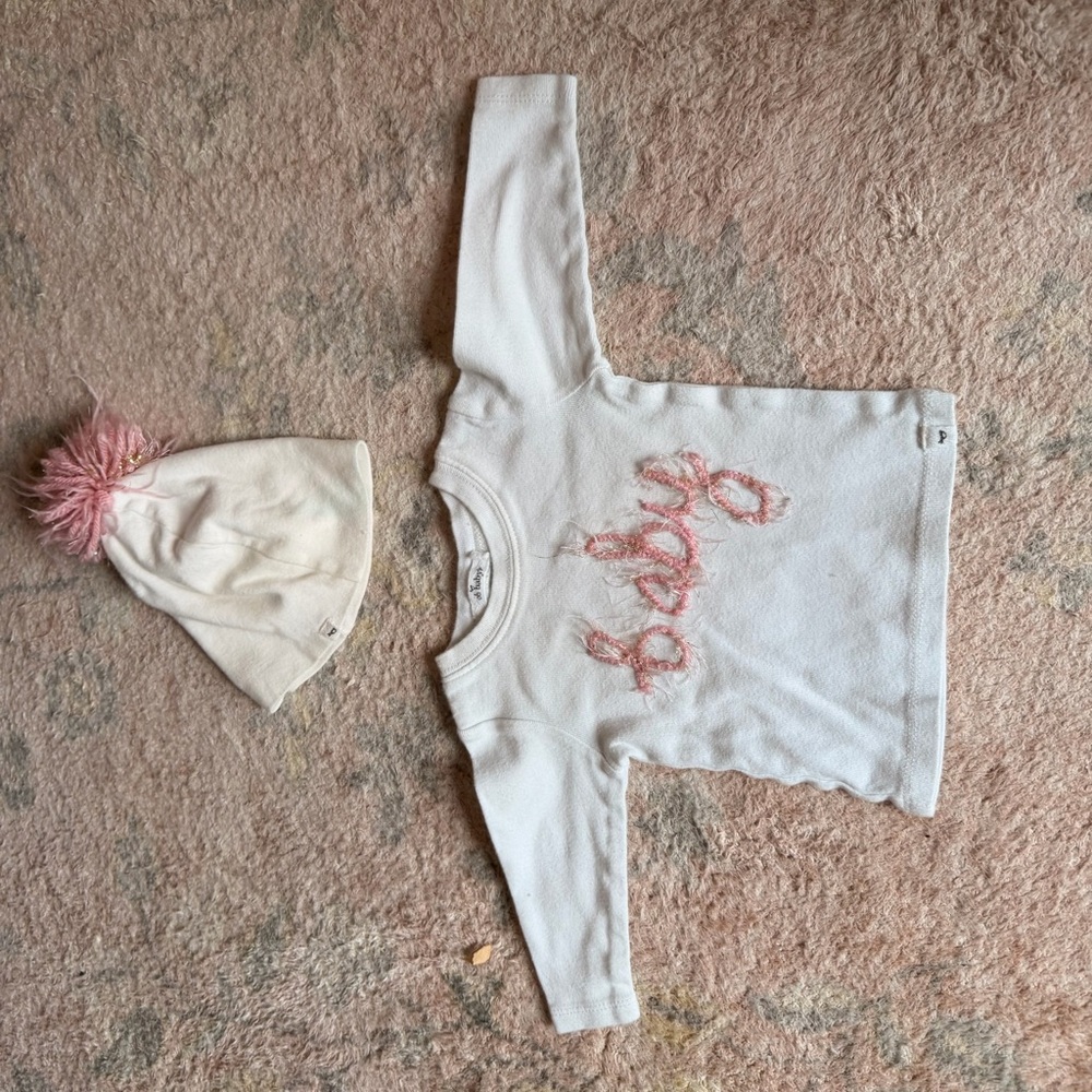 Charming White Shirt with Pink Text and Hat